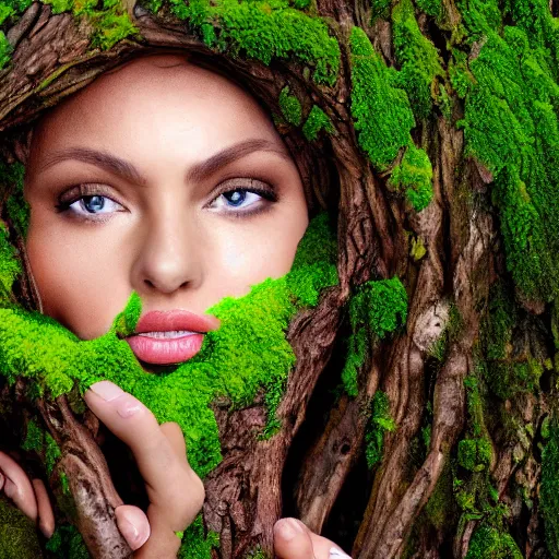 Image similar to a woman's face emerging from the roots of a tree, covered in moss, flowers, mother nature