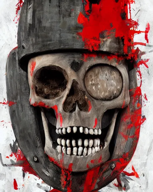 Prompt: of a skeleton with tiki mask and viking helmet and red fiery eyes inspired by basquiat, art by greg rutkowski