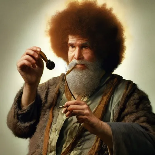 Image similar to an ultra detailed magic the gathering card of bob ross smoking a pipe and dressed as a fantasy druid, d & d, epic fantasy, concept art by alphonse mucha and greg rutkowski, octane render, 8 k, detailed face