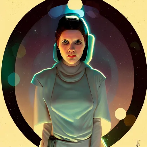 Image similar to Young Carrie Fisher as Princess Leia, ambient lighting, 4k, alphonse mucha, lois van baarle, ilya kuvshinov, rossdraws, artstation