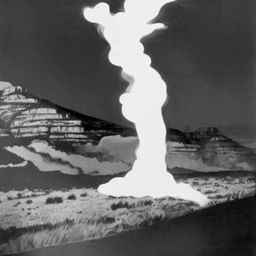 Image similar to 1 9 7 0's artistic western movie, a woman in a giant flowing incredibly long dragging white dress made out of white smoke, standing inside a dark western rocky scenic landscape, volumetric lighting