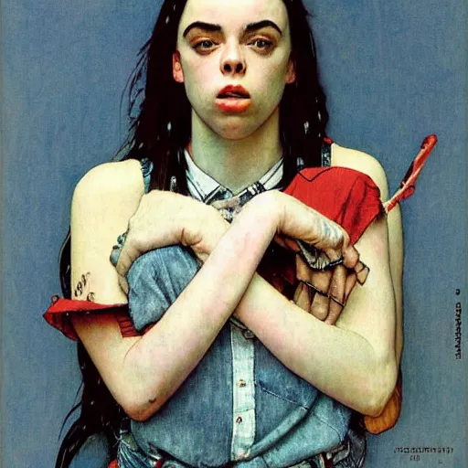 Image similar to norman rockwell painting of billie eilish full body, award winning painting, ultra detailed high quality