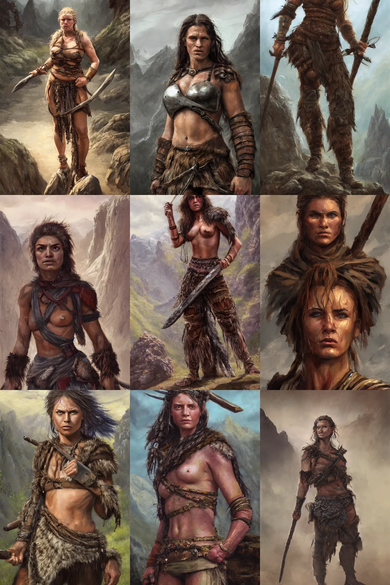 Prompt: a full body high detail fantasy portrait oil painting illustration of a single rugged stoic barbarian woman by Justin Sweet with face and body clearly visible, in a scenic background, pupils visible, realistic proportions, d&d, rpg, forgotten realms, artstation trending, high quality, sombre mood, artstation trending, muted colours, no crop, entire person visible!, natural light, Adobe Photoshop, Adobe Lightroom, photolab, Affinity Photo,