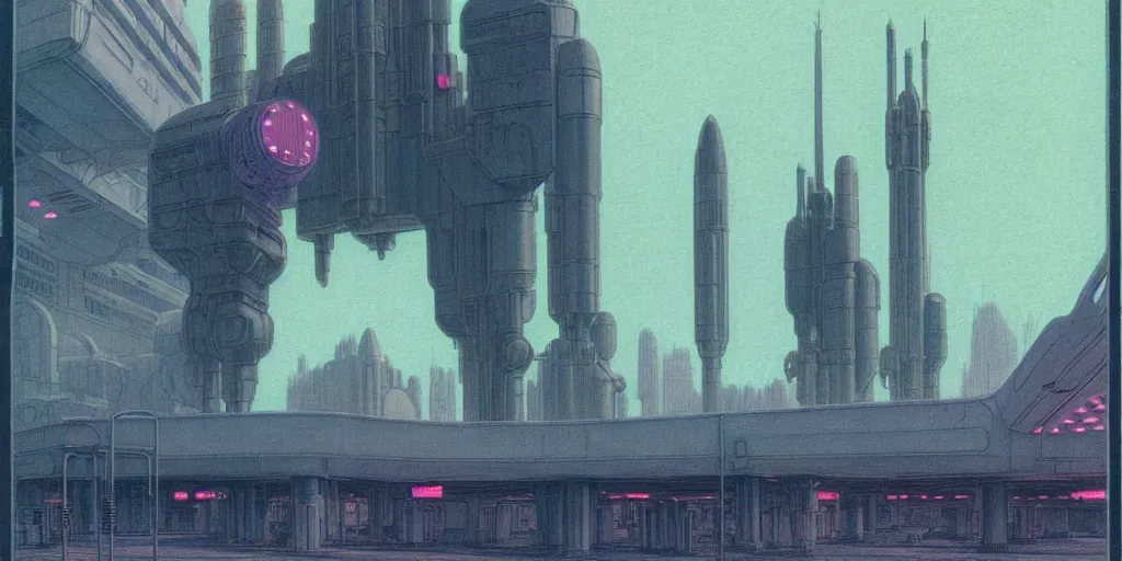 Image similar to grainy risograph matte painting of gigantic huge mech covered with rocket launchers, 5 th element, gattaca, pastel matte colors, staying in the foggy huge parking station, by moebius, hyperrealism, intricate detailed