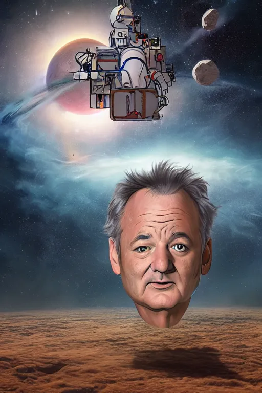 Image similar to giant Bill Murray head floating in cosmic space, space station, rockets, concept art, matte painting, detailed, intricate, concept art, artstation