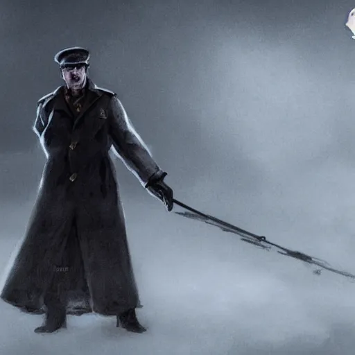 Image similar to scary 1920s soviet policeman, fog, darkness, evil, magic the gathering artwork, D&D, fantasy, cinematic lighting, centered, symmetrical, highly detailed, digital painting, artstation, concept art, smooth, sharp focus, illustration, volumetric lighting, epic Composition, 8k, art by Akihiko Yoshida and Greg Rutkowski and Craig Mullins, oil painting, cgsociety