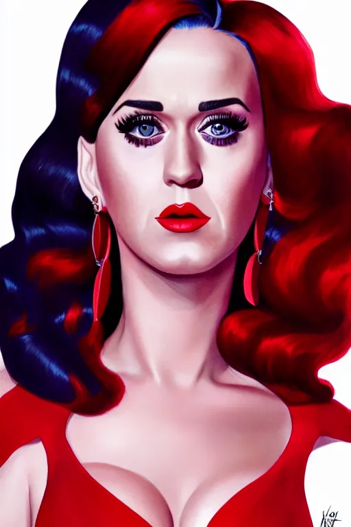 Prompt: katy perry in a red dress, realistic portrait, symmetrical, highly detailed, digital painting, artstation, concept art, smooth, sharp focus, illustration, cinematic lighting