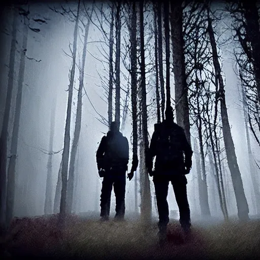 Image similar to low quality iphone photo of the payday 2 crew standing ominously deep in the foggy woods low visibility creepy, grainy, trail cam footage