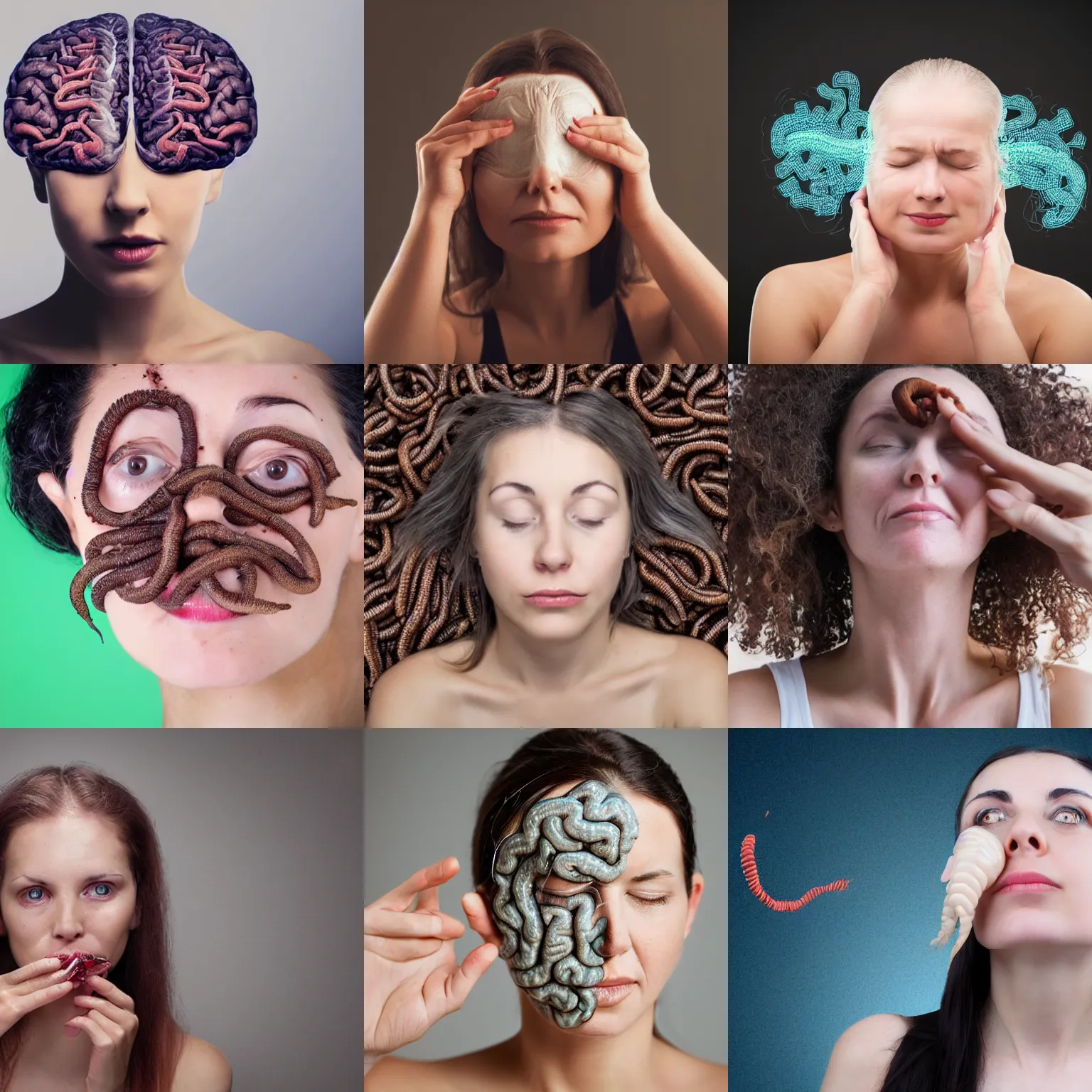 Prompt: photo of woman with worms controlling her brain