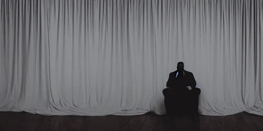 Image similar to photo style of nick fancher, portrait of silhouette of big black man sitting on throne, hazy foggy background and floor made of big curtains