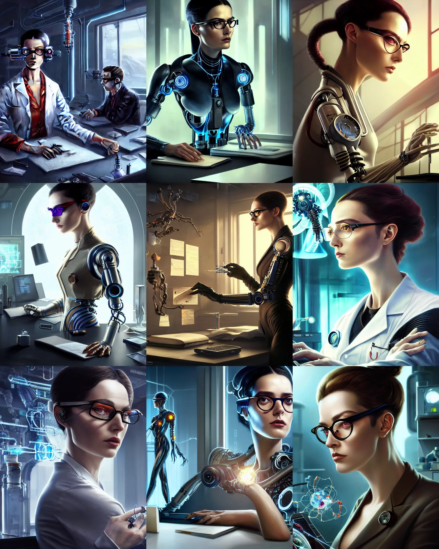 Prompt: karol bak and tom bagshaw and wlop full body detailed character portrait of a beautiful nerdy augmented scientist wearing glasses, at a work desk thinking intensely, wearing a lab - coat and has cybernetic hands, laboratory in the background, digital concept art, unreal engine, 4 k digital camera, sharp focus, scifi movie still