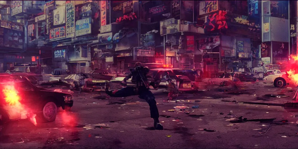 Image similar to 1991 Video Game Screenshot, Anime Neo-tokyo Cyborg bank robbers vs police shootout, bags of money, Police officer hit, Bullet Holes and Blood Splatter, Hostages, Smoke Grenade, Sniper, Chaotic, Cyberpunk, Anime VFX, Machine Gun Fire, Violent, Action, Fire fight, FLCL, Free-fire, Highly Detailed, 8k :4 by Katsuhiro Otomo + Studio Gainax + Arc System Works : 8