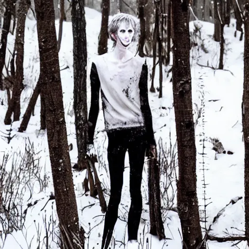 Image similar to blood soaked skinwalker, lanky, skinny, pale skin, snow, forest, dark, horrifying