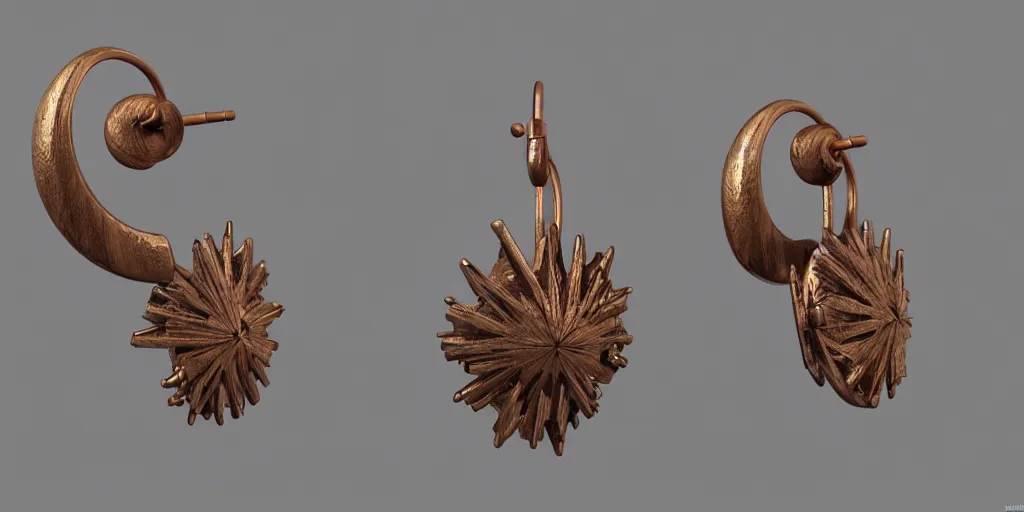 Image similar to earring design, substance designer, jewelry design, wood, nordic, steel, material, trending on artstation, cgsociety, art by gerald brom, greg rutkowski and artgerm and james jean and zdzisław beksinski, 8 k, unreal engine, c 4 d