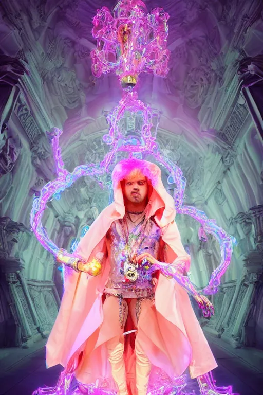 Image similar to full-body rococo and cyberpunk delicate neon crystalline sculpture of ((young muscular golden albino prince Joe Jonas)) as an iridescent humanoid deity wearing ((peach plastic hooded cloak)) (holding a human skull) in a white castle dungeon, reclining, glowing pink face, crown of (pink lasers), large blue diamonds, swirling black silk fabric. futuristic elements. oozing glowing liquid, full-length view. space robots. intricate artwork by caravaggio. Trending on artstation, octane render, cinematic lighting from the right, hyper realism, octane render, 8k, depth of field, 3D