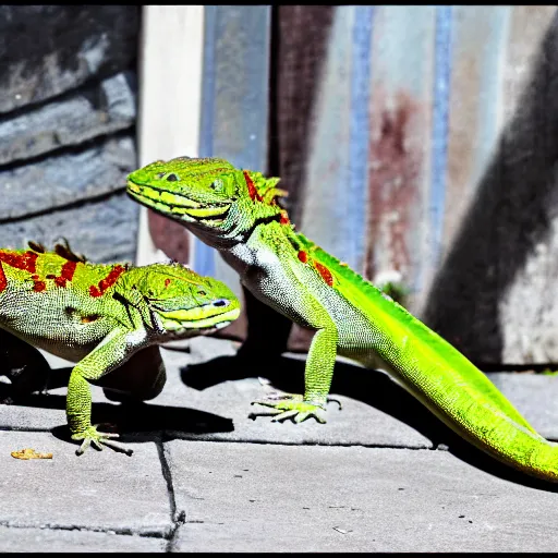 Prompt: two lizards arguing with a washing mashine