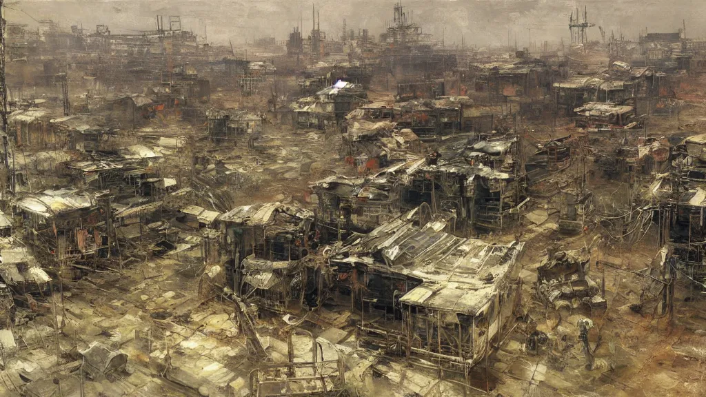 Prompt: post - apocalyspe settlement with houses, hydroponic farms, painted by tsutomu nihei, painted by eddie mendoza, painted by ilya repin