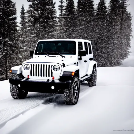 Prompt: white jeep wrangler driving up snow covered mountain on edge of a cornice, dreamy atmosphere, snowing, dramatic lighting, cinematic, photo realism