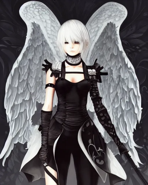 Prompt: infinitely detailed nierautomata painting, pixivartststion, ambient lighting, cute - fine - angel angel, fine art, infinitely detailed architectures. clothes