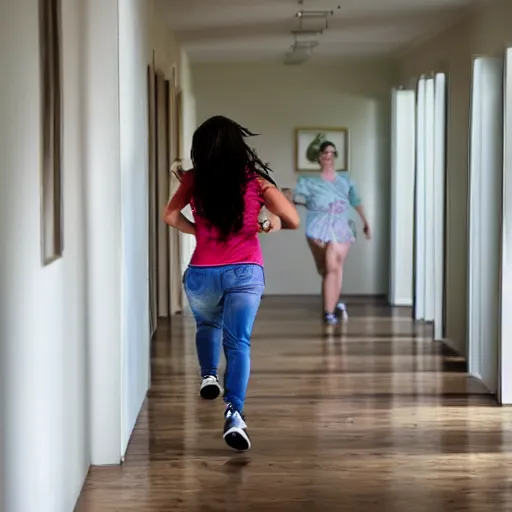 Prompt: a woman running down the hallway of her home, looking behind her