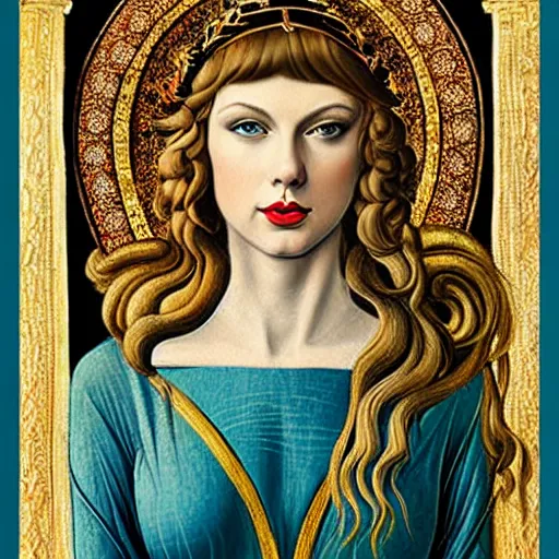 Image similar to taylor swift as the goddess of spring, elegant portrait by sandro botticelli, detailed, symmetrical, intricate