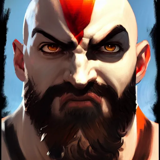 Image similar to Greg Manchess portrait painting of Kratos as Overwatch character, medium shot, asymmetrical, profile picture, Organic Painting, sunny day, Matte Painting, bold shapes, hard edges, street art, trending on artstation, by Huang Guangjian and Gil Elvgren and Sachin Teng