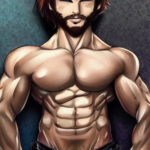 Image similar to well built man, rusty long hair, anime, high details,