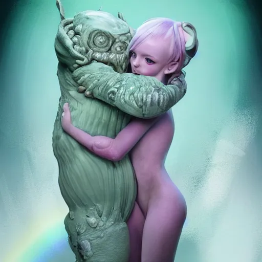 Image similar to A full body shot of a cute and mischievous huggy-wuggy from poppy-playtime the video game. Fancy Dress. Subsurface Scattering. Translucent Skin. Rainbow palette. defined facial features, symmetrical facial features. Opalescent surface. beautiful lighting. By Giger and Ruan Jia and Artgerm and WLOP and William-Adolphe Bouguereau. Photo real. Hyper-real. Photorealism. Fantasy Illustration. Sailor Moon hair. Masterpiece. trending on artstation, featured on pixiv, award winning, cinematic composition, dramatic pose, sharp, details, Hyperrealism, HD, HDR, 4K, 8K.