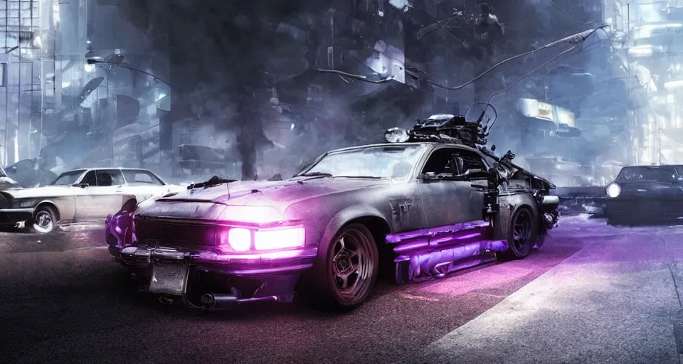 Prompt: movie still cyberdyne cars from terminator, dark cinematic lighting, smoke, atmospheric, purple lasers, low angle photography, beautiful, cyberpunk, artstation,