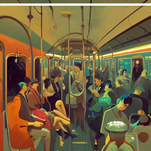 Prompt: paris subway life scene, very detailed, by ( victo ngai ), ( ( studio muti ) ), malika favre, ( rhads ), makoto shinkai