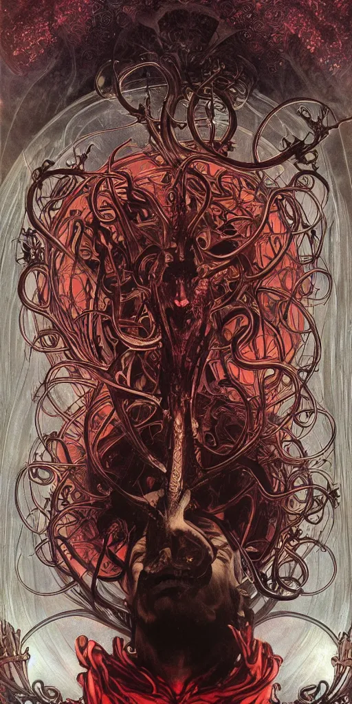 Image similar to intense glowing angry pagan god with tentacles and horns and intense pure black eyes and a blood skull in very dark chrome metal cathedral by karol bak and alphonse mucha and beksinski, portrait, fantasy, clear, light beams, lens flare, intense, uhd, amazing depth, cinematic lighting, shining chrome and black and red