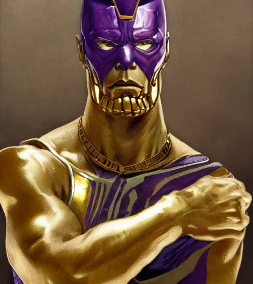 Prompt: Gigachad Thanos, boxing stance, wearing a luxurious roman warrior armor with gold and purple details, sigma male, accurately portrayed, portrait art by alphonse mucha and greg rutkowski, highly detailed, digital painting, concept art, illustration, dim lighting with twilight rays of sunlight, trending on artstation, very detailed, smooth, sharp focus, octane render, close up