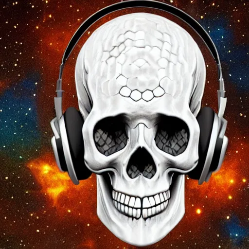 Image similar to skull with honeycomb head wearing headphones, cosmic horror, d&d, technology and magic, high resolution, intricate detail,