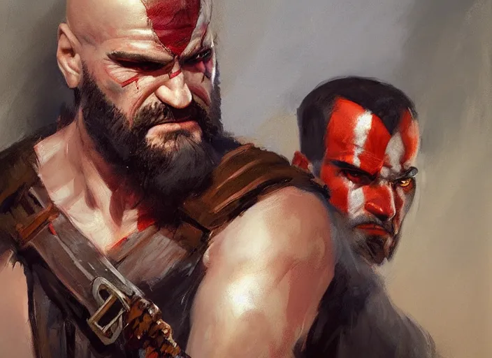 Image similar to a highly detailed beautiful portrait of tarantino as kratos, by gregory manchess, james gurney, james jean