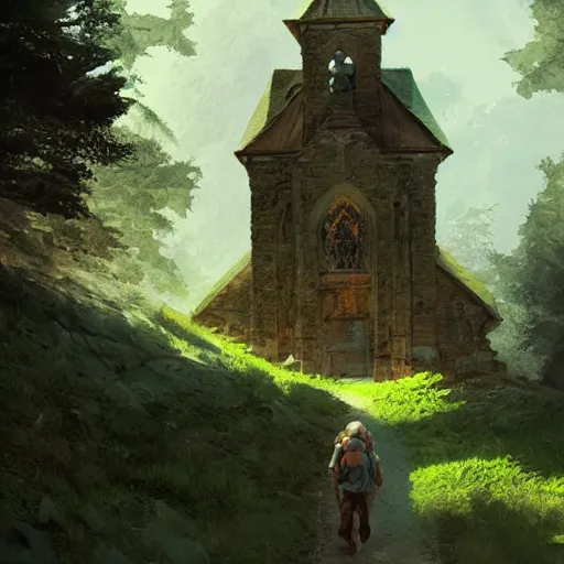 Prompt: hikers coming across a abandoned church in the style of craig mullins