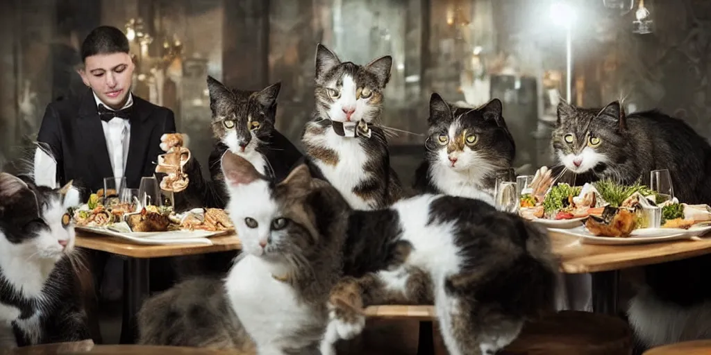 Prompt: cats and dogs wearing suits and dresses eating dinner at a restaurant, very atmospheric lighting, award winning photo, masterpiece