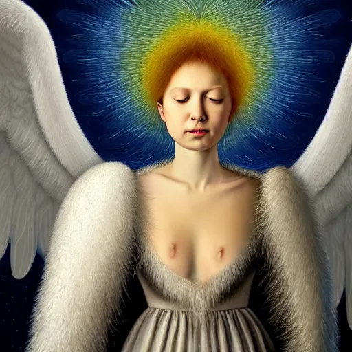 Image similar to highdetailed hyperrealistic painting of white angel!!! no gender!!!, giant ball of miracle light from the chest!!!!!, everywhere, 4 k hd fur face!!!, in the hood, big wings, by jan van eyck, holography space, white sparkles, glow effect, large strokes, white monochrome color!!!!!