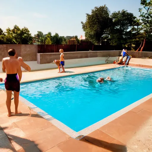 Image similar to swimming pool filled with urine, family enjoying splashing in the urine filled swimming pool