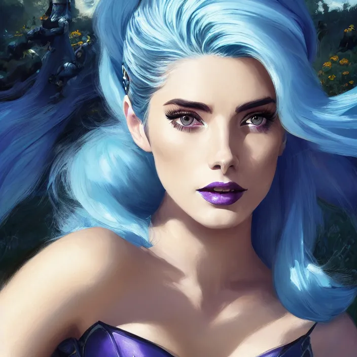 Image similar to portrait of a combination of Ashley Greene, Adriana Dxim, Grace Kelly and Lily Collins with blue hair as Syndra from League of Legends, countryside, calm, fantasy character portrait, dynamic pose, above view, sunny day, thunder clouds in the sky, artwork by Jeremy Lipkin and Giuseppe Dangelico Pino and Michael Garmash and Rob Rey and Greg Manchess and Huang Guangjian, very coherent asymmetrical artwork, sharp edges, perfect face, simple form, 100mm