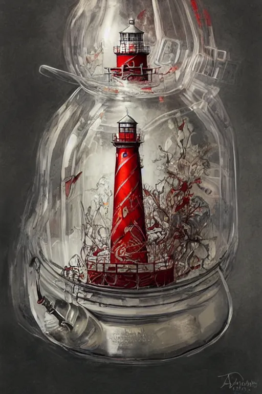 Prompt: a red and white lighthouse inside a clear bottle, very fancy whiskey bottle, intricate concept painting by ayami kojima, daytoner, greg tocchini, james jean, yoshitaka amano