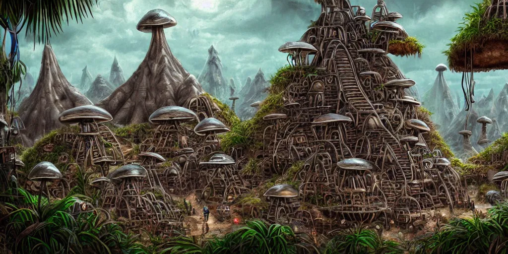 Image similar to a chrome bot with conical drills, in a jungle village of mushroom dwellings, matte oil painting, badlands, retrofuturistic, science fantasy, salt dunes, rusted, mutant, lgbt, queer, rpg, epic, dungeons & dragons, sacred, sharp focus, award - winning, extremely detailed, 4 k, 8 k