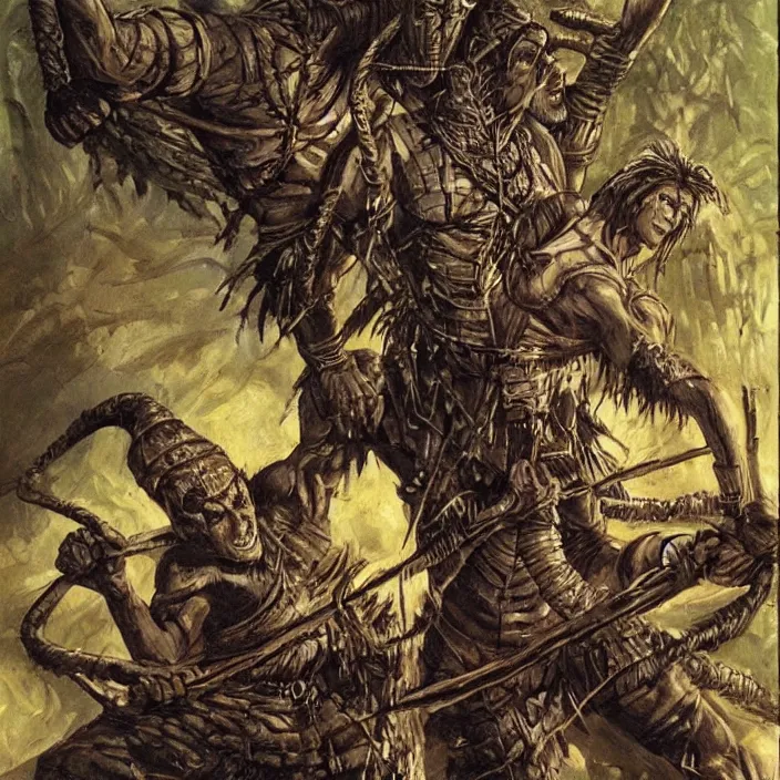 Prompt: The mummy touches the warrior's head , in jungle, old school dungeons and dragons art,