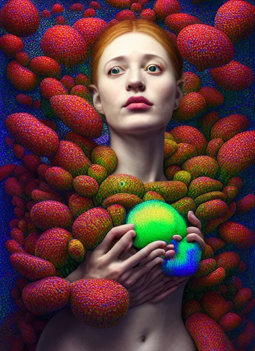 Image similar to hyper detailed 3d render like a Oil painting - Aurora (Singer) Eats of the Strangling Fruit of penance open eyes and Her Hands full of gossamer polyp blossoms bring iridescent fungal flowers whose spores black the foolish stars by Jacek Yerka, Mariusz Lewandowski, Houdini algorithmic generative render, Abstract brush strokes, Masterpiece, Edward Hopper and James Gilleard, Zdzislaw Beksinski, Mark Ryden, Wolfgang Lettl, hints of Yayoi Kasuma, octane render, 8k