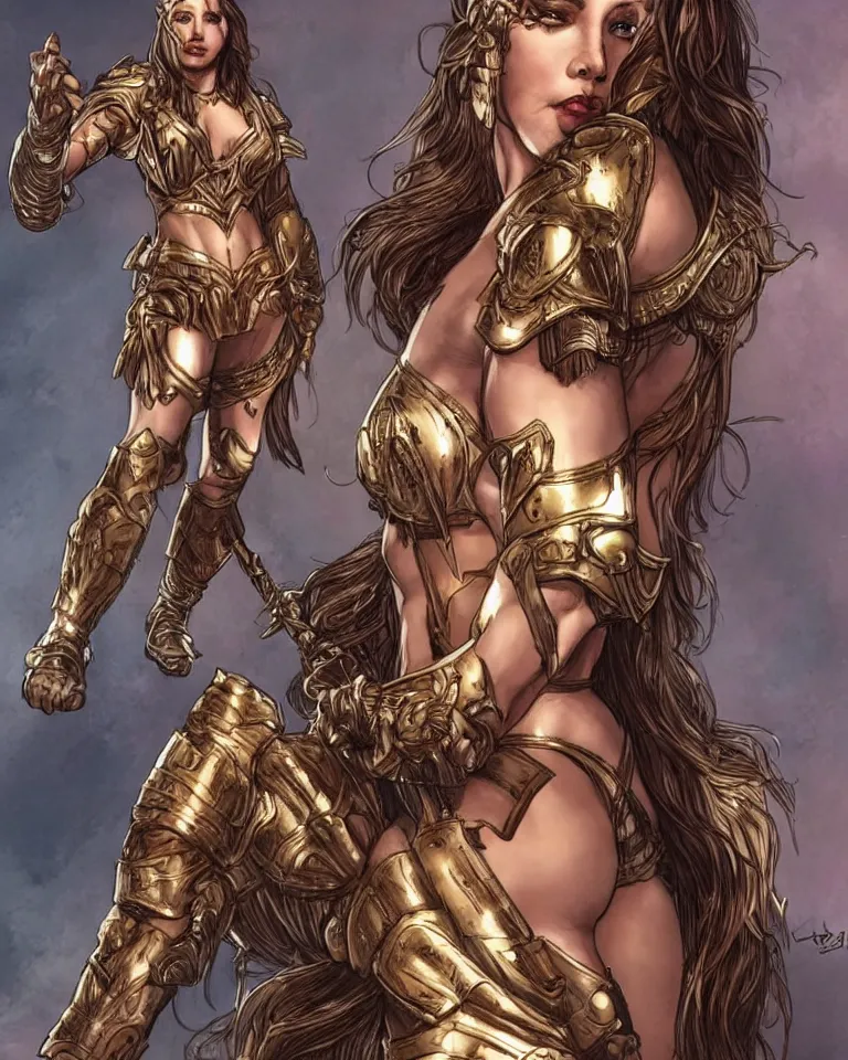 Prompt: cadence lux as an amazon warrior, a tall beautiful woman with brown skin and long hair, dressed in hellenistic body armor, intricate, elegant, highly detailed, smooth, sharp focus, detailed face, art by ardian syaf