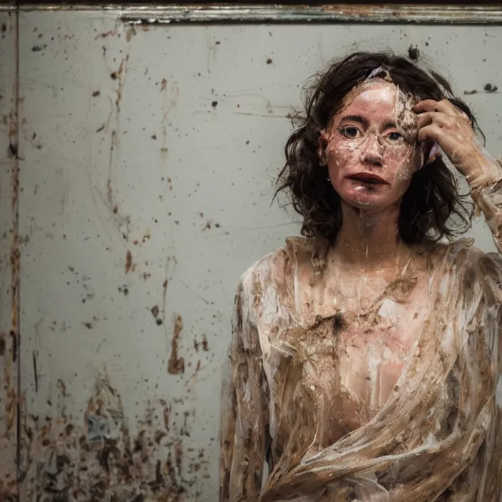 Image similar to closeup portrait of a woman wrapped in plastic, standing in a derelict coffee shop cafe, color photograph, by vincent desiderio, canon eos c 3 0 0, ƒ 1. 8, 3 5 mm, 8 k, medium - format print