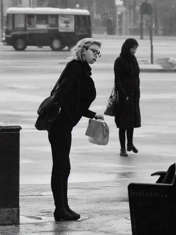 Prompt: Scarlett Johansson, lonely, wearing eyeglasses, waiting at the bus stop on moody weather, rinat voligamsi