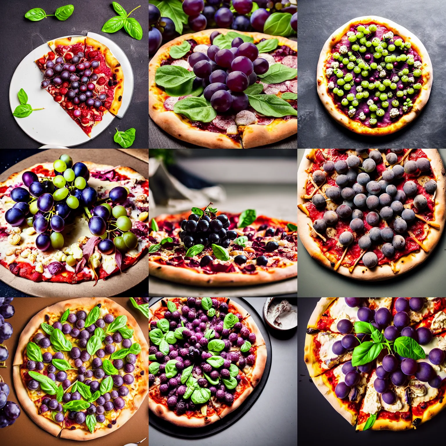 Prompt: grapes on top of a pizza, professional food photography