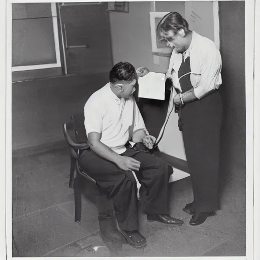 Prompt: a man sitting on a chair having his blood pressure measured by a nurse, color photograph