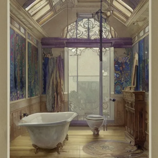 Prompt: a beautifull intricate watercolour painting of a bathroom, reflexions, verry high details by william turner art, greg rutkowski and alphonse mucha, trending on artstation, very very detailed, masterpiece, muted colors