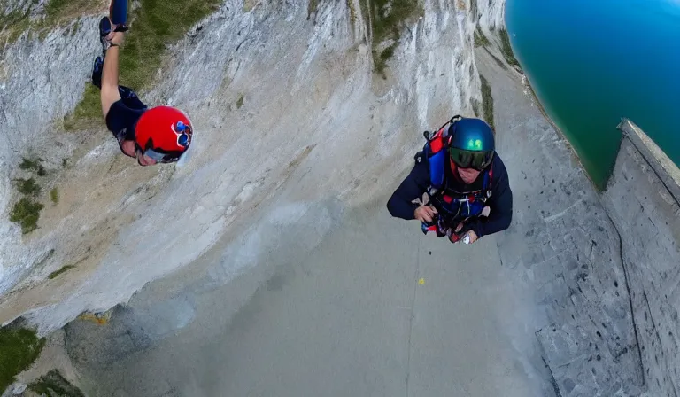 Prompt: gopro selfie video of queen elizabeth base jumping off the white cliffs of dover, wide - angle, motion blur